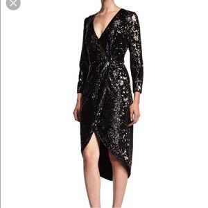 Halston Heritage Sequin Wrap Dress Black Gold Long Sleeve Cocktail Formal Sz 4